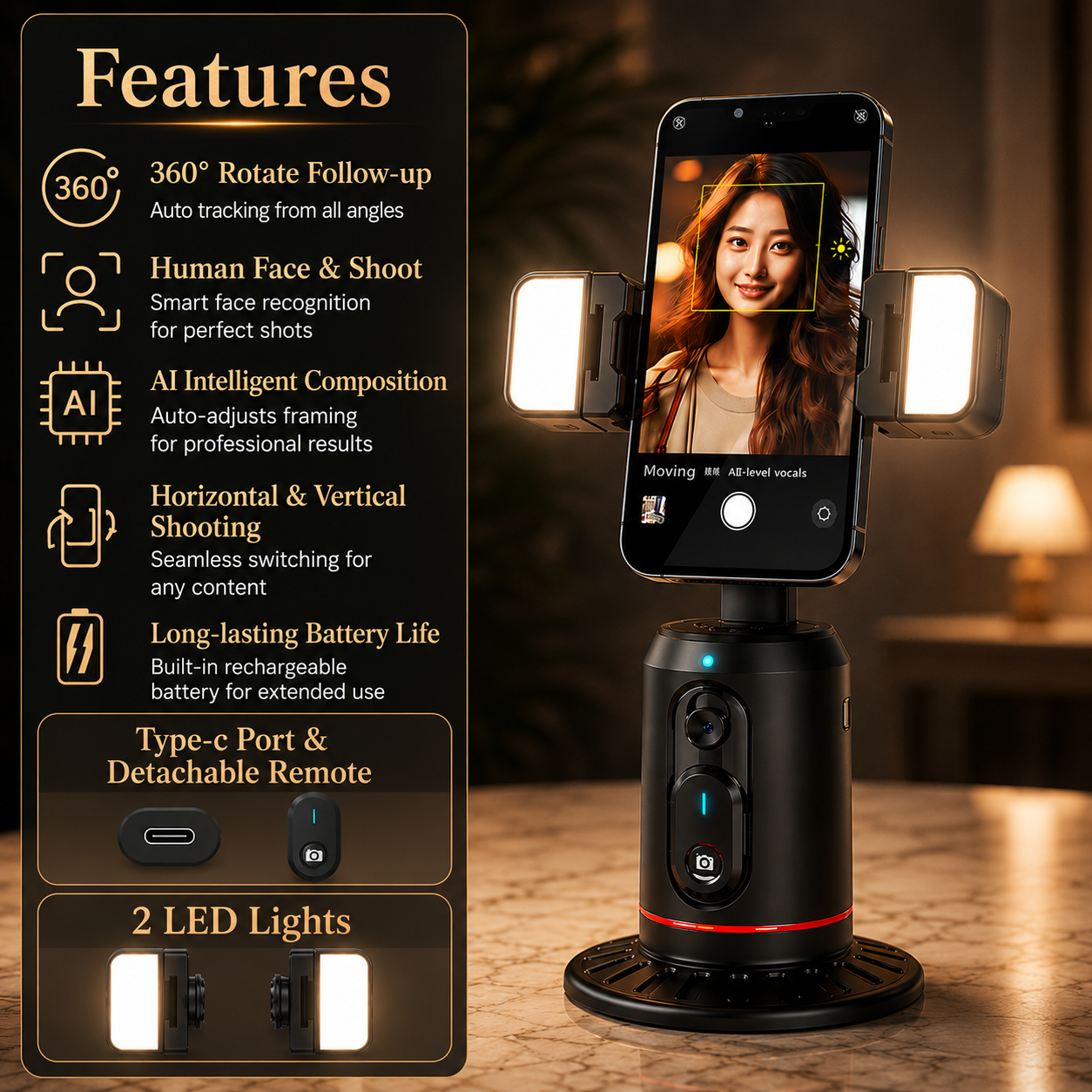 Lumi X360™ – Smart 360 AI Face & Body Tracking Gimbal with LED Lights