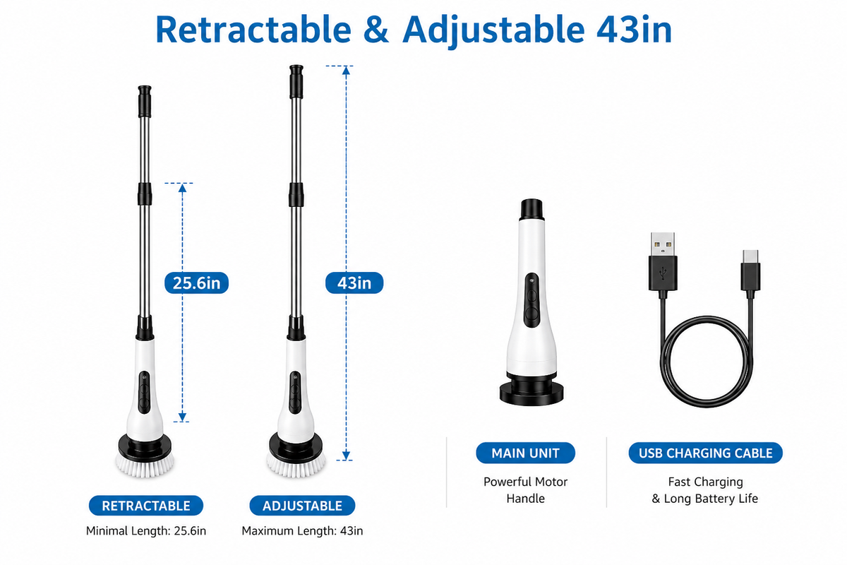 9-in-1 Electric Spin Scrubber – Cordless Retractable Cleaning Brush, IPX6 Waterproof