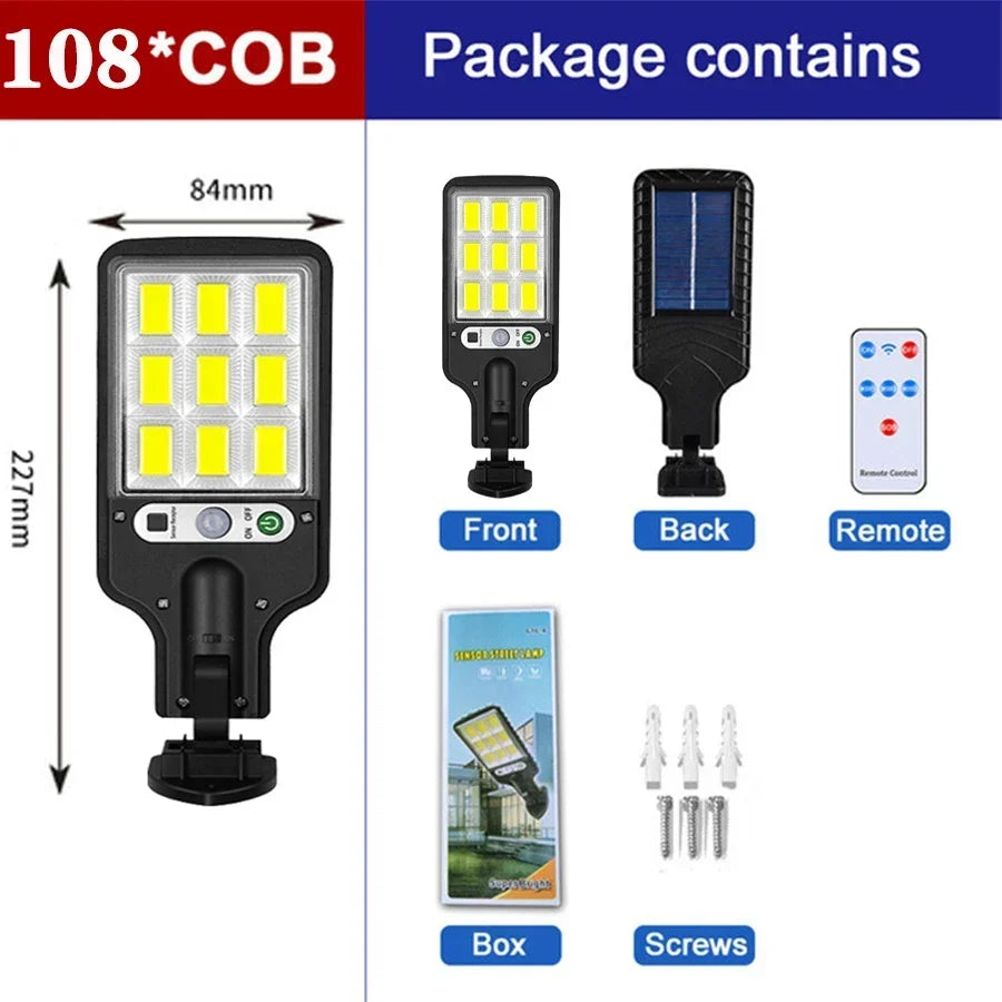 108COB With RC Emitting Color Solar Motion Sensor Street Light 3 Modes IP65 Waterproof